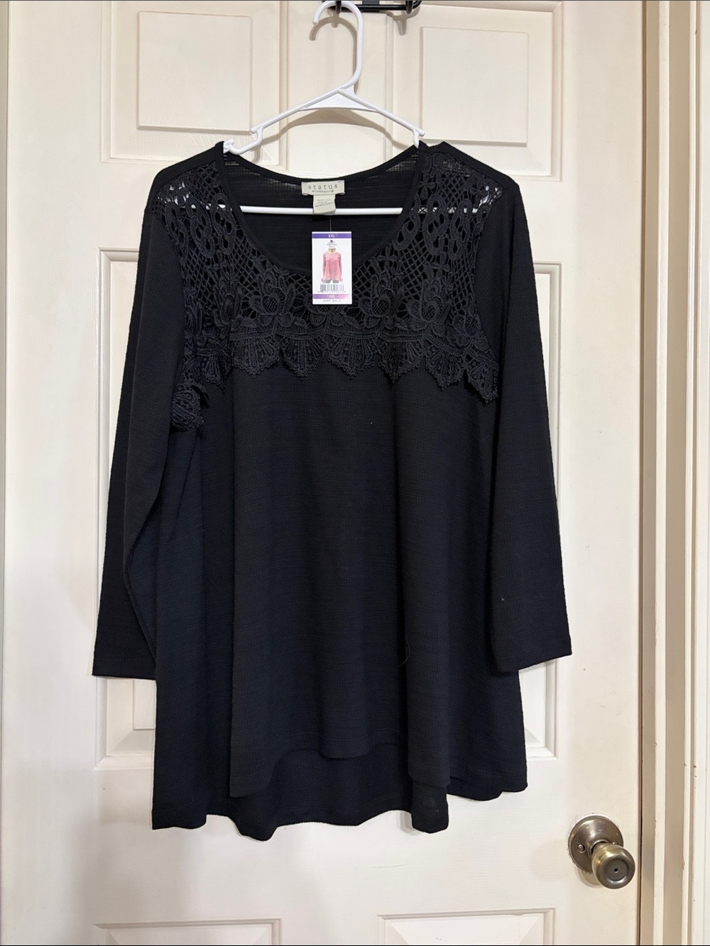 Karen Scott Black Crochet Yoke Tunic Top - Relaxed Fit